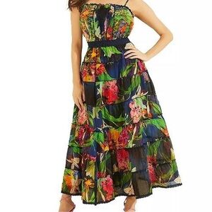 Guess Floral Tiered Maxi Dress in Black, Green, Red
